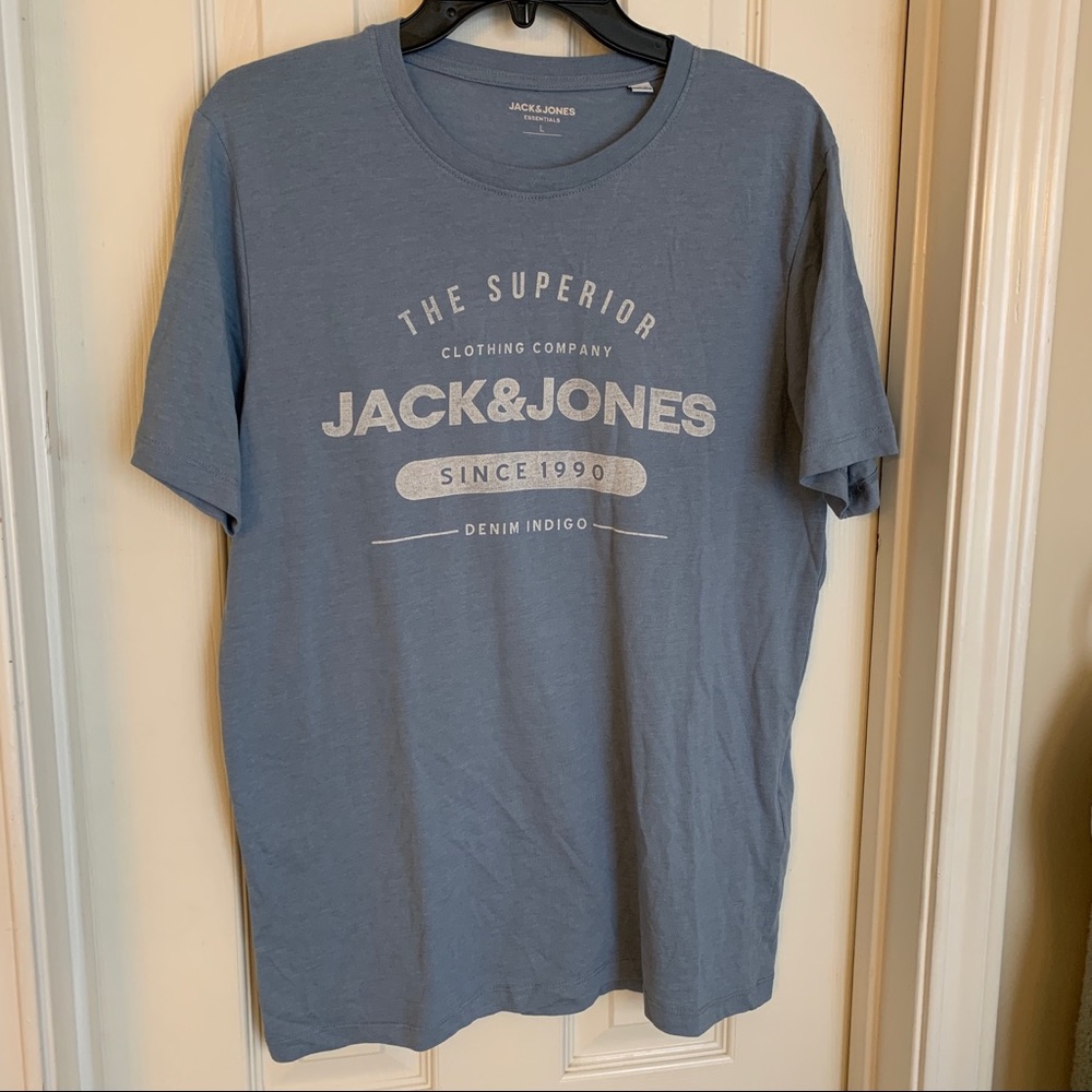 Mens Medium Fit Light Blue Jack and Jones Essentials Graphic Tee Tshirt EUC